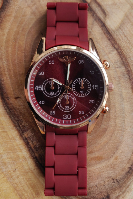 Hediye Erkek Saat Bordo Rose Gold  Silikon Kordon Metal Kasa