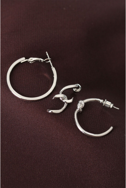 Düğüm Model Gümüş Renk Metal Çoklu Halka Küpe