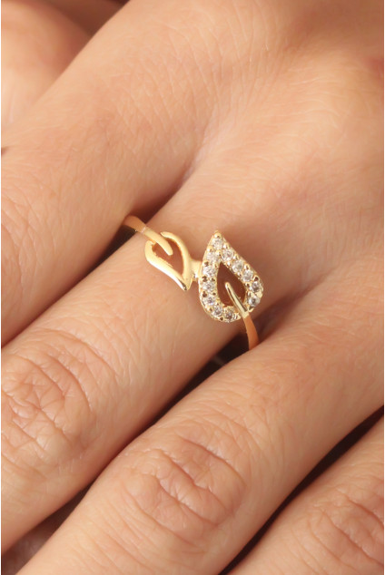 Zirkon Taşlı Gold Renk Yaprak Model Kadın Yüzük