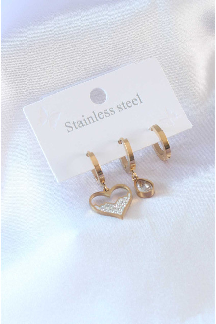 316L Çelik Gold Renk Kalp Model Zirkon Taşlı Kadın Küpe