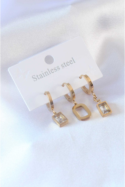 316L Çelik Gold Renk Kare Zirkon Taş Model Kadın Küpe
