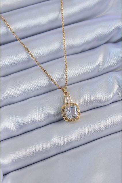 316L Çelik Gold Renk Kare Kristal Taşlı Kadın Kolye