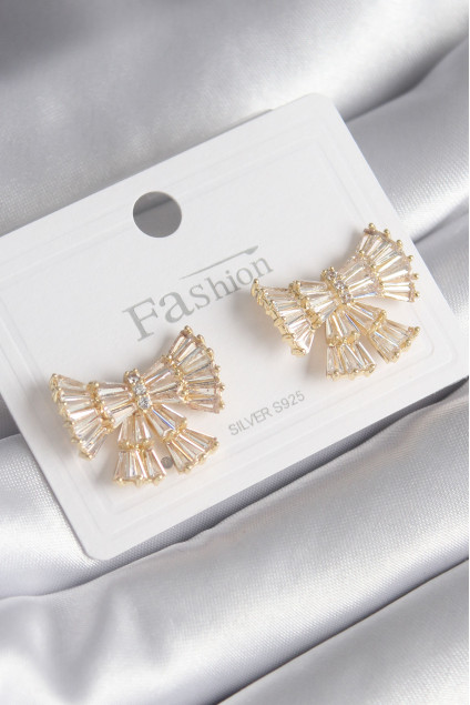 Pirinç Gold Renk Zirkon Taşlı Kurdele Model Kadın Küpe