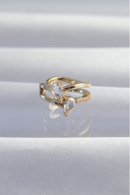 Pirinç Gold Renk Zirkon Taşlı Damla Earcuff Küpe