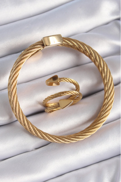 316L Çelik Gold Renk Sarmal Model Erkek Bileklik Yüzük Kombini
