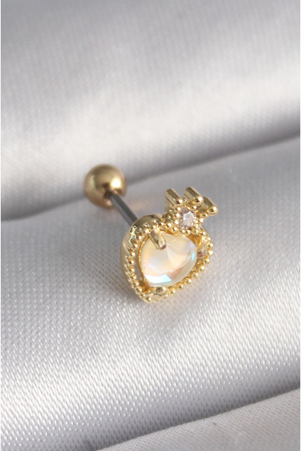 316L Çelik Gold Renk Beyaz Mineli Kalp Zirkon Taş Detaylı Taç Tragus Piercing