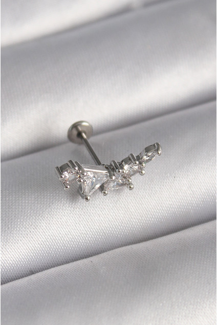 316L Çelik Gümüş Renk Zirkon Taşlı Tragus Piercing