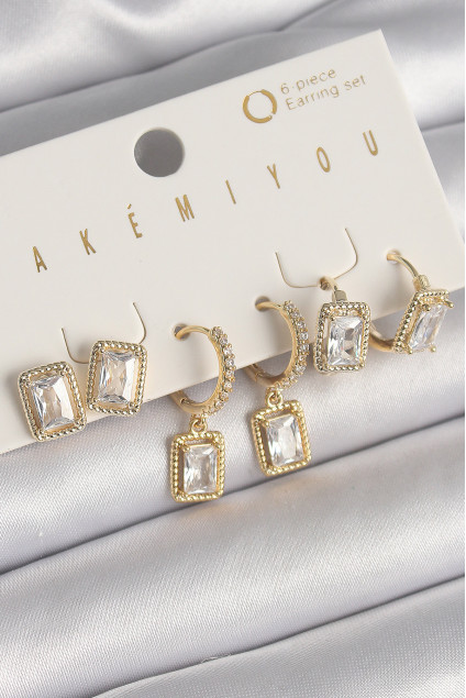 Pirinç Gold Renk Sallantı Kare Zirkon Taşlı VIP Seri Kadın Küpe Seti