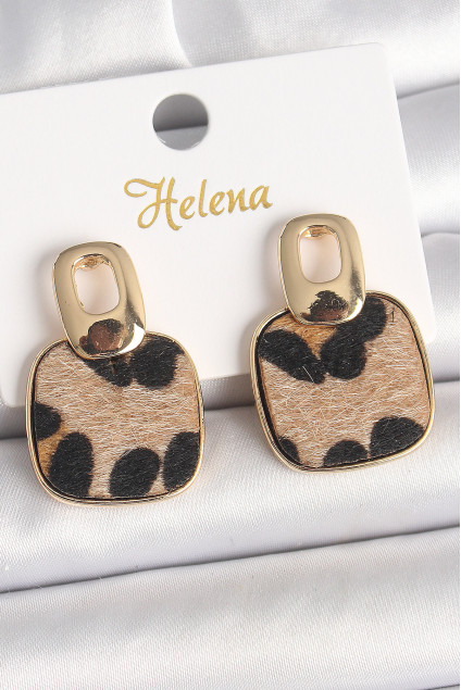 Pirinç Gold Renk Sallantı Kare Leopar Model Kadın Küpe