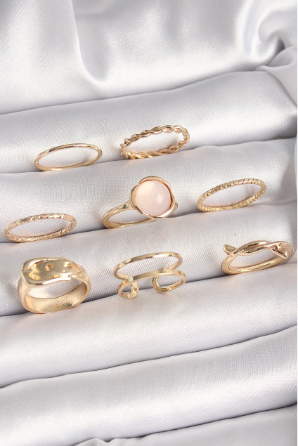 Pirinç Gold Renk Pembe Mineli Kemer Model Kadın Yüzük Kombini
