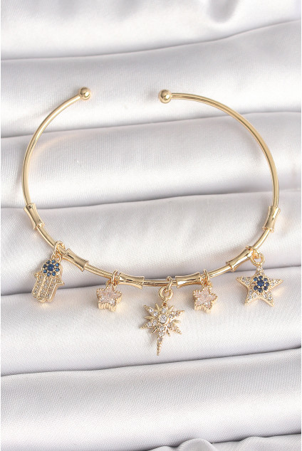 Pirinç Gold Renk Sallantı Zirkon Taşlı Kutup Yıldız Model Charm Model Kadın Bileklik