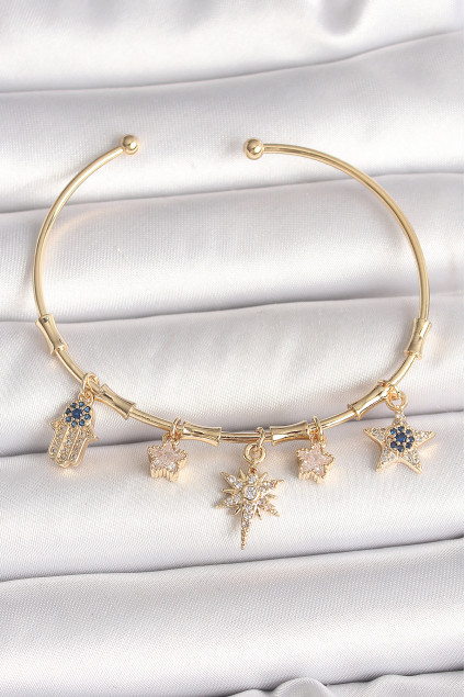 Pirinç Gold Renk Sallantı Zirkon Taşlı Kutup Yıldız Model Charm Model Kadın Bileklik