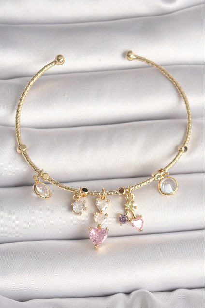 Pirinç Gold Renk Sallantı Zirkon Taşlı Kalp Figür Pembe Kalp Detay Charm Kadın Bileklik