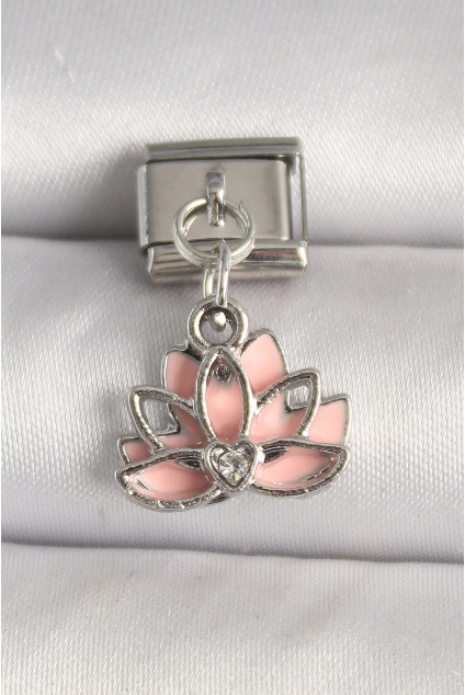 316L Çelik Gümüş Renk Pembe Lotus Model Zirkon Taş Detaylı Nomination Charm
