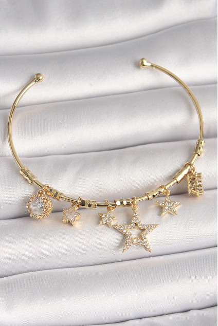 Pirinç Gold Renk Sallantı Zirkon Taşlı Yıldız Model Kalp Detay Charm Kadın Bileklik