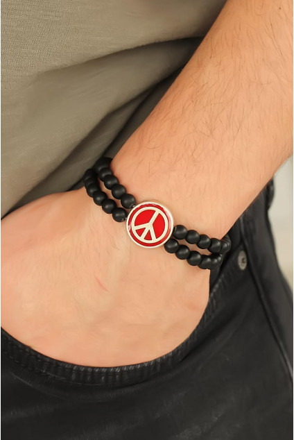 Bordo Renk  Renk Metal Barış Simgesi Tasarımlı Siyah Renk Mat Oniks Doğal Taş Erkek Bileklik