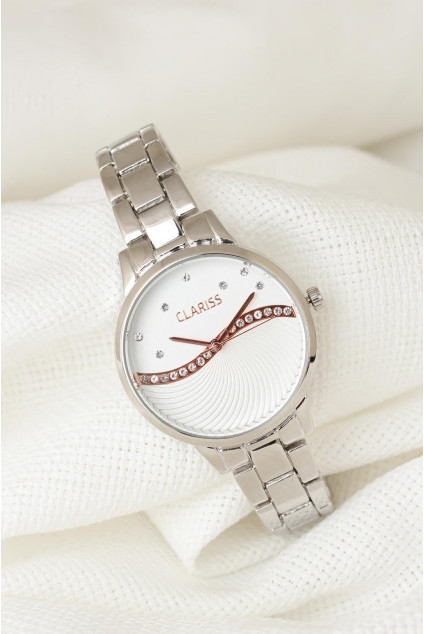 Silver Clariss Marka Metal Kordonlu Beyaz Renk Zirkon Taşlı İç Tasarımlı Saat