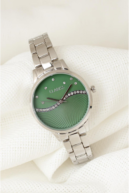 Silver Renk Metal Kordonlu Yeşil Renk Zirkon Taşlı İç Tasarımlı Kadın Saat